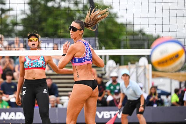 MONTREAL, QC - AUGUST 19: Ana Patricia Silva Ramos (BRA) smashes the ball pass Devanne Sours (USA) during a qualification match at Beach Pro Tour Montreal Elite 16 on August 19, 2026 at Parc Jean-Drapeau in Montreal, QC (Photo by David Kirouac Icon Sportswire) VOLLEYBALL: AUG 19 Beach Pro Tour Montreal Elite 16 EDITORIAL USE ONLY Icon26081901826