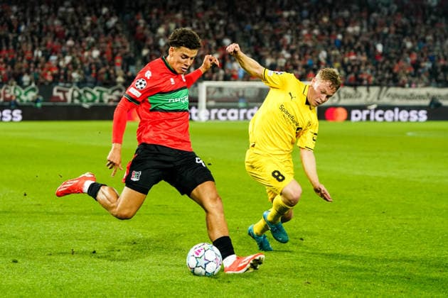 2026-08-19 NEC Nijmegen v Bodo Glimt - UEFA Champions League Play-offs - 1st leg NIJMEGEN, NETHERLANDS - AUGUST 19: Clement Bischoff of N.E.C. Nijmegen, Sondre Auklend of FK Bodo Glimt during the UEFA Champions League Play-offs - 1st leg match between NEC Nijmegen and Bodo Glimt at Goffertstadion on August 19, 2026 in Nijmegen, Netherlands. Nijmegen Goffertstadion Netherlands Content not available for redistribution in The Netherlands directly or indirectly through any third parties. Copyright: xAndrexWeeningx