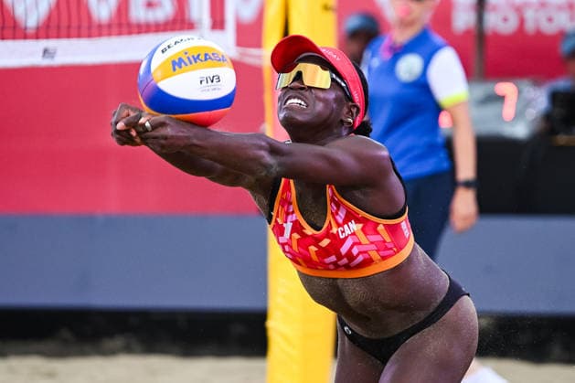 MONTREAL, QC - AUGUST 19: Ofure Odigie (CAN) bumps the ball during a qualification match at Beach Pro Tour Montreal Elite 16 on August 19, 2026 at Parc Jean-Drapeau in Montreal, QC (Photo by David Kirouac Icon Sportswire) VOLLEYBALL: AUG 19 Beach Pro Tour Montreal Elite 16 EDITORIAL USE ONLY Icon26081903926
