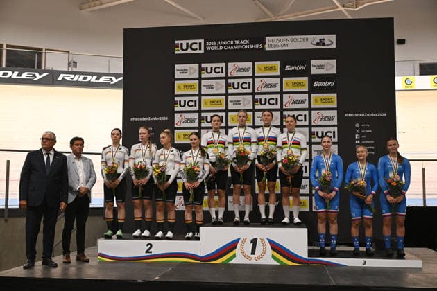 2026 UCI Junior Track World Championships Picture by Mathew Wells SWpix.com - 19 08 2026 - Cycling - 2026 UCI Junior Track World Championships - Heusden-Zolder, Flanders, Belgium - Women™s Team Sprint - Anastasiya Pershina, Viktoriia Luchina, Veronika Solozobova, Mariia Ermolova of Athlete Individual Neutral wins the Gold Medal with Marie Louise Raake, Lara Colberg, Celine Prochnau, Mira Rosinski of Germany receiving the Silver Medal and Ema BeneÅ¡ova, KristÃ½na KÅ™upalova, Emilie JaroÅ¡ova of Czechia receive the Bronze Medal Copyright: x xSWpix.comx(t axPhotographyxHubxLtd)xMathewxWells SWpix.comx SWP-3030-18265