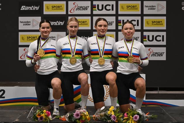 2026 UCI Junior Track World Championships Picture by Mathew Wells SWpix.com - 19 08 2026 - Cycling - 2026 UCI Junior Track World Championships - Heusden-Zolder, Flanders, Belgium - Women™s Team Sprint - Anastasiya Pershina, Viktoriia Luchina, Veronika Solozobova, Mariia Ermolova of Athlete Individual Neutralwins the Gold Medal Copyright: x xSWpix.comx(t axPhotographyxHubxLtd)xMathewxWells SWpix.comx SWP-3030-18266