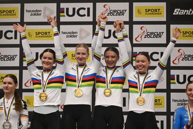 2026 UCI Junior Track World Championships Picture by Mathew Wells SWpix.com - 19 08 2026 - Cycling - 2026 UCI Junior Track World Championships - Heusden-Zolder, Flanders, Belgium - Women™s Team Sprint - Anastasiya Pershina, Viktoriia Luchina, Veronika Solozobova, Mariia Ermolova of Athlete Individual Neutralwins the Gold Medal Copyright: x xSWpix.comx(t axPhotographyxHubxLtd)xMathewxWells SWpix.comx SWP-3030-18282