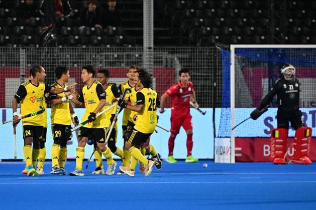RECORD DATE NOT STATED Malaysian players celebrate after scoring during a hockey game between Belgian Lions and Malaysia, the third (out of three) matches during the group stage of the men s 2026 Hockey World Cup, Saturday 30 December 1899 in Wavre. The 2026 edition of the Hockey World Cup takes place in Belgium and The Netherlands from August 15 to August 30. DIRKxWAEM  x183789132x