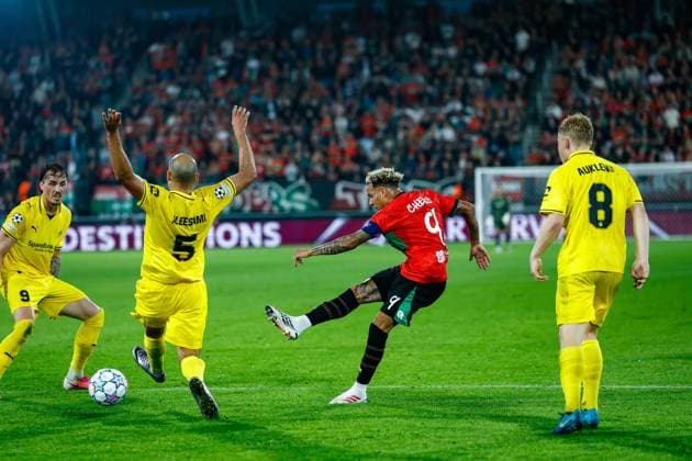 NIJMEGEN , 19-08-2026 , Stadium De Goffert , season 2026 2027 , UEFA Champions League play-offs 1st leg football , match between NEC Nijmegen and Bodo Glimt , picture shows goal attempt by NEC player Tjaronn Chery NEC - Bodo Glimt  x205854057x Copyright: