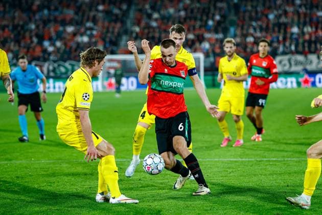 NIJMEGEN , 19-08-2026 , Stadium De Goffert , season 2026 2027 , UEFA Champions League play-offs 1st leg football , match between NEC Nijmegen and Bodo Glimt , picture shows goal attempt by NEC player Darko Nejasmic NEC - Bodo Glimt  x205854239x Copyright: