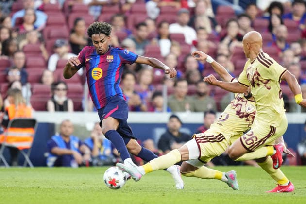 FC Barcelona, Barca v Al Ahly - Joan Gamper Trophy BARCELONA, SPAIN - AUGUST 19: Lamine Yamal right winger of Barcelona in action during the Joan Gamper Trophy between FC Barcelona and Al Ahly SC at Spotify Camp Nou on August 19, 2026 in Barcelona, Spain. Jose Hernandez Anadolu Barcelona Spain. Editorial use only. Please get in touch for any other usage.  Copyright: x2026xAnadoluxJosexHernandezx