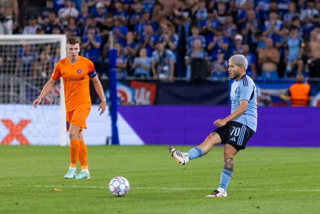 Cristian Martinez of SK Slovan Bratislava seen during UEFA Champions league first play-off game between teams of SK Slovan Bratislava and Celje (Dominika Kortvelyesiova Ball Raw Images) Bratislava Tehelne Pole stadium Slovakia Copyright: xDominikaxKortvelyesiovax DKOR1705