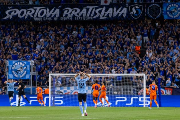 Kenan Bajric of SK Slovan Bratislava seen during UEFA Champions league first play-off game between teams of SK Slovan Bratislava and Celje (Dominika Kortvelyesiova Ball Raw Images) Bratislava Tehelne Pole stadium Slovakia Copyright: xDominikaxKortvelyesiovax DKOR1699