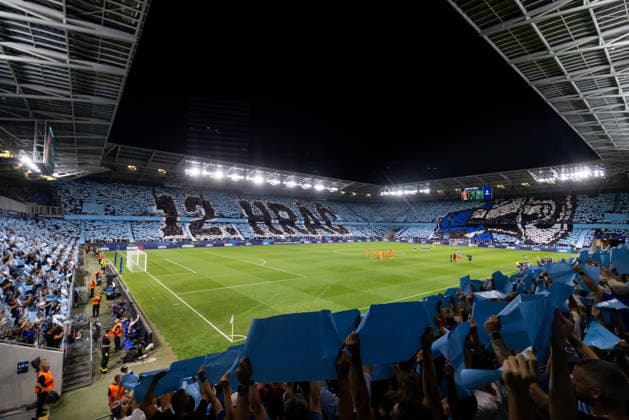 Choreo of SK Slovan fans during UEFA Champions league first play-off game between teams of SK Slovan Bratislava and Celje (Dominika Kortvelyesiova Ball Raw Images) Bratislava Tehelne Pole stadium Slovakia Copyright: xDominikaxKortvelyesiovax DKOR1661