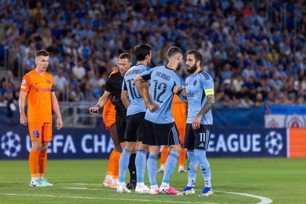 Roman Cerepkai of SK Slovan Bratislava, Kenan Bajric of SK Slovan Bratislava and Tigran Barseghyan of SK Slovan Bratislava seen during UEFA Champions league first play-off game between teams of SK Slovan Bratislava and Celje (Dominika Kortvelyesiova Ball Raw Images) Bratislava Tehelne Pole stadium Slovakia Copyright: xDominikaxKortvelyesiovax DKOR1757