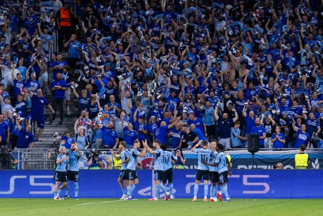 Team SK Slovan Bratislava seen celebrating during UEFA Champions league first play-off game between teams of SK Slovan Bratislava and Celje (Dominika Kortvelyesiova Ball Raw Images) Bratislava Tehelne Pole stadium Slovakia Copyright: xDominikaxKortvelyesiovax DKOR1866