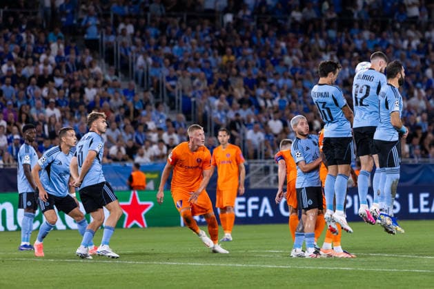 Peter Pokorny of SK Slovan Bratislava, Kenan Bajric of SK Slovan Bratislava, Tigran Barseghyan of SK Slovan Bratislava and Armandas Kucys of Celje seen during UEFA Champions league first play-off game between teams of SK Slovan Bratislava and Celje (Dominika Kortvelyesiova Ball Raw Images) Bratislava Tehelne Pole stadium Slovakia Copyright: xDominikaxKortvelyesiovax DKR_6017