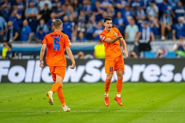 Milot Avdyli a goal celebrate during Champions League qualifying playoff match, SK Slovan Bratislava - NK Celje , 19. august 2026, Tehelne pole Stadium, Bratislava, Slovakia Copyright: xMICHALxFAJT,ZOSPORTU.SKx MAR_8260