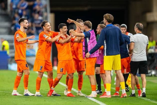 NK CELJE players a goal celebrates during Champions League qualifying playoff match, SK Slovan Bratislava - NK Celje , 19. august 2026, Tehelne pole Stadium, Bratislava, Slovakia Copyright: xMICHALxFAJT,ZOSPORTU.SKx MAR_8281