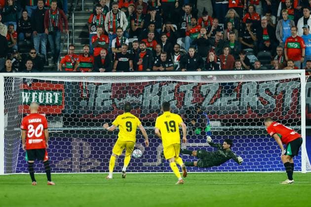 NIJMEGEN , 19-08-2026 , Stadium De Goffert , season 2026 2027 , UEFA Champions League play-offs 1st leg football , match between NEC Nijmegen and Bodo Glimt , picture shows penalty scored by Bodo Glimt player Andreas Helmersen NEC - Bodo Glimt  x205854350x Copyright: