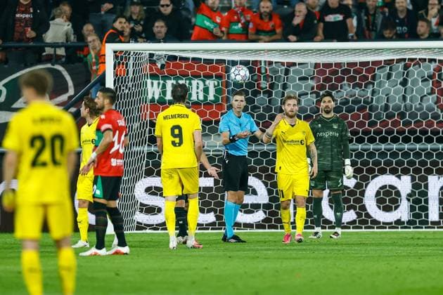 NIJMEGEN , 19-08-2026 , Stadium De Goffert , season 2026 2027 , UEFA Champions League play-offs 1st leg football , match between NEC Nijmegen and Bodo Glimt , picture shows penalty scored by Bodo Glimt player Andreas Helmersen NEC - Bodo Glimt  x205854352x Copyright: