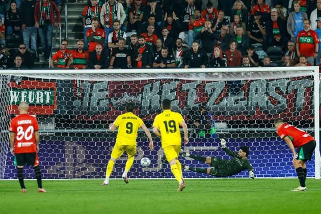 NIJMEGEN , 19-08-2026 , Stadium De Goffert , season 2026 2027 , UEFA Champions League play-offs 1st leg football , match between NEC Nijmegen and Bodo Glimt , picture shows penalty scored by Bodo Glimt player Andreas Helmersen NEC - Bodo Glimt  x205854357x Copyright: