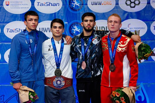 U20 World Championships Podium 60kg GR - Gold: Aykhan Javadov (AZE), Silver: Dostonbek Oripov (UZB), Bronze: Amirali Tayeb Heydari (IRI), Ilia Paniutin (RUS) *** U20 World Championships Podium, 60kg Greco-Roman: Gold – Aykhan Javadov (AZE); Silver – Dostonbek Oripov (UZB); Bronze – Amirali Tayeb Heydari (IRI); Ilia Paniutin (RUS) Copyright: xKostadinxAndonovx