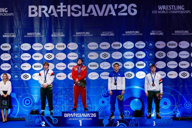 U20 World Championships Podium 82kg GR - Gold: Ramazan Nekhai (RUS), Silver: Kiryl Valeuski (BLR), Bronze: Elmin Aliyev (AZE), Szabolcs Istvan Szinay (HUN) *** U20 World Championships Podium, 82 kg Greco-Roman: Gold—Ramazan Nekhai (RUS); Silver—Kiryl Valeuski (BLR); Bronze—Elmin Aliyev (AZE); Szabolcs Istvan Szinay (HUN) Copyright: xKostadinxAndonovx