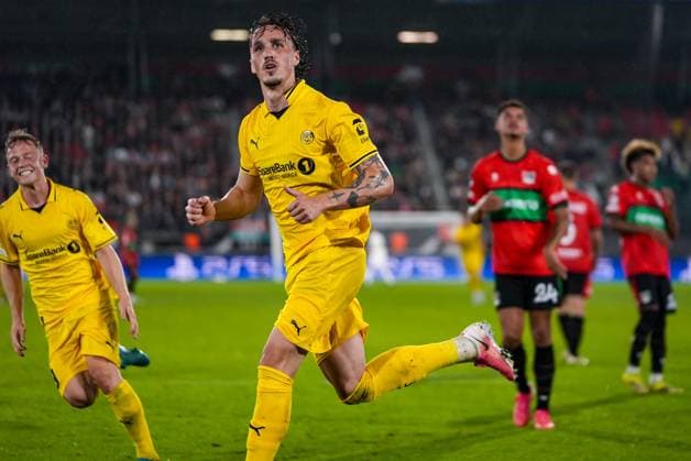 NIJMEGEN , 19-08-2026 , Stadium De Goffert , season 2026 2027 , UEFA Champions League play-offs 1st leg football , match between NEC Nijmegen and Bodo Glimt , picture shows goal celebration by Bodo Glimt player Andreas Helmersen NEC - Bodo Glimt  x205854624x Copyright: