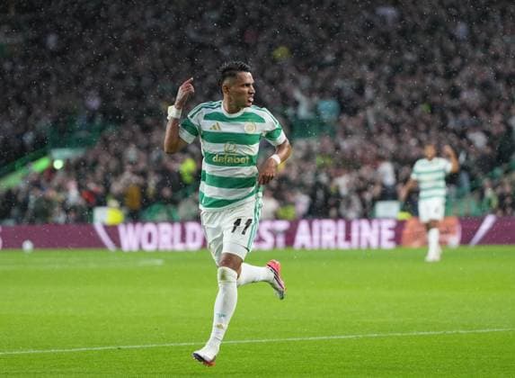 Camilo Duran of Celtic celebrates scoring to give Celtic a 2-0 lead. Celtic v LASK, UEFA Champions League, Play Off Round, First Leg, Football, Celtic Park, Glasgow, Scotland, UK - 19 Aug 2026Glasgow Celtic Park United Kingdom  Copyright: xStuartxWallace Shutterstockx 17104271bj