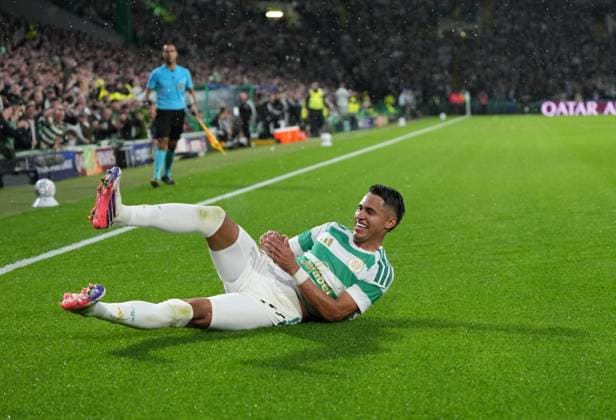 Camilo Duran of Celtic celebrates scoring to give Celtic a 2-0 lead. Celtic v LASK, UEFA Champions League, Play Off Round, First Leg, Football, Celtic Park, Glasgow, Scotland, UK - 19 Aug 2026Glasgow Celtic Park United Kingdom  Copyright: xStuartxWallace Shutterstockx 17104271bn