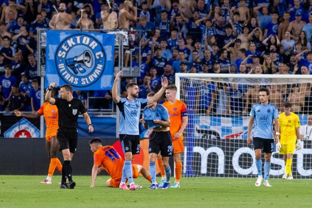 Kenan Bajric of SK Slovan Bratislava and Alen Mustafic of SK Slovan Bratislava seen during UEFA Champions league first play-off game between teams of SK Slovan Bratislava and Celje (Dominika Kortvelyesiova Ball Raw Images) Bratislava Tehelne Pole stadium Slovakia Copyright: xDominikaxKortvelyesiovax DKOR1898