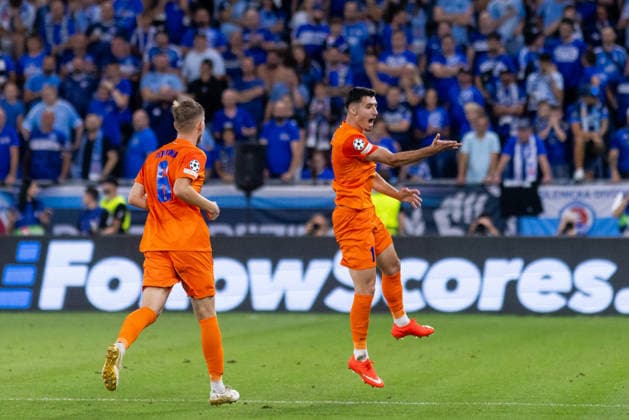 Artemijus Tutyskinas of Celje and Milot Avdyli of Celje seen during UEFA Champions league first play-off game between teams of SK Slovan Bratislava and Celje (Dominika Kortvelyesiova Ball Raw Images) Bratislava Tehelne Pole stadium Slovakia Copyright: xDominikaxKortvelyesiovax DKOR1910