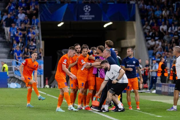 Team Celje seen celebrating a goal during UEFA Champions league first play-off game between teams of SK Slovan Bratislava and Celje (Dominika Kortvelyesiova Ball Raw Images) Bratislava Tehelne Pole stadium Slovakia Copyright: xDominikaxKortvelyesiovax DKOR1945