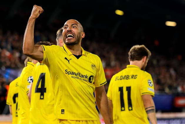 NIJMEGEN, NETHERLANDS - AUGUST 19: Haitam Aleesami of FK Bodo Glimt celebrates after scoring his team s third goal during the UEFA Champions League 2026 27 play-offs first leg match between N.E.C. Nijmegen and FK Bodo Glimt at Goffertstadion on August 19, 2026 in Nijmegen, Netherlands.  Copyright: xRenexNijhuis MBxMediax
