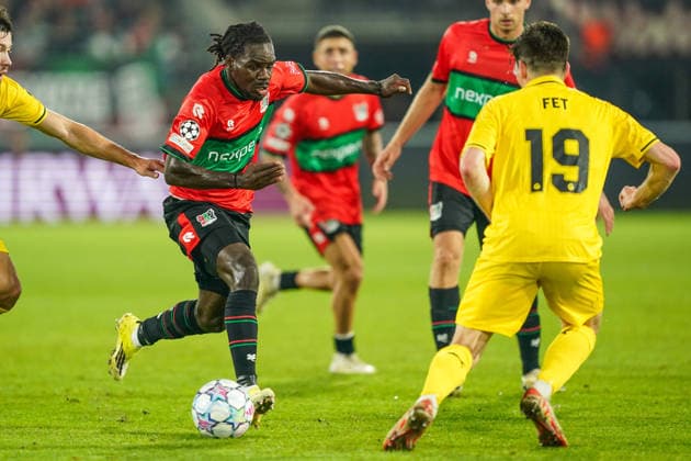 2026-08-19 NEC Nijmegen v Bodo Glimt - UEFA Champions League Play-offs - 1st leg NIJMEGEN, NETHERLANDS - AUGUST 19: Brayann Pereira of N.E.C. Nijmegen, Sondre Brunstad Fet of FK Bodo Glimt during the UEFA Champions League Play-offs - 1st leg match between NEC Nijmegen and Bodo Glimt at Goffertstadion on August 19, 2026 in Nijmegen, Netherlands. Nijmegen Goffertstadion Netherlands Content not available for redistribution in The Netherlands directly or indirectly through any third parties. Copyright: xAndrexWeeningx