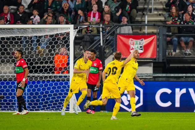 NIJMEGEN , 19-08-2026 , Stadium De Goffert , season 2026 2027 , UEFA Champions League play-offs 1st leg football , match between NEC Nijmegen and Bodo Glimt , picture shows goal celebration by Bodo Glimt player Haitam Aleesami NEC - Bodo Glimt  x205855377x Copyright: