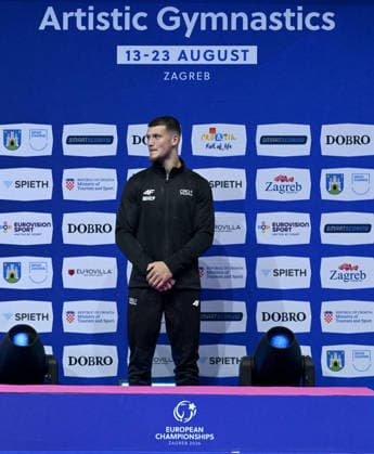 37th European Championships and 15th European Junior Championships in MenÂ s Artistic Gymnastics Gold medalist Illia Kovtun of Croatia pose during the medal ceremony for All-Around Final on day 1 of the 2026 Men s Artistic Gymnastics European Championships at Arena Zagreb on August 19, 2026 in Zagreb, Croatia.  MarkoxLukunic PIXSELL
