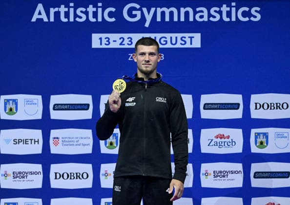 37th European Championships and 15th European Junior Championships in MenÂ s Artistic Gymnastics Gold medalist Illia Kovtun of Croatia pose during the medal ceremony for All-Around Final on day 1 of the 2026 Men s Artistic Gymnastics European Championships at Arena Zagreb on August 19, 2026 in Zagreb, Croatia.  MarkoxLukunic PIXSELL