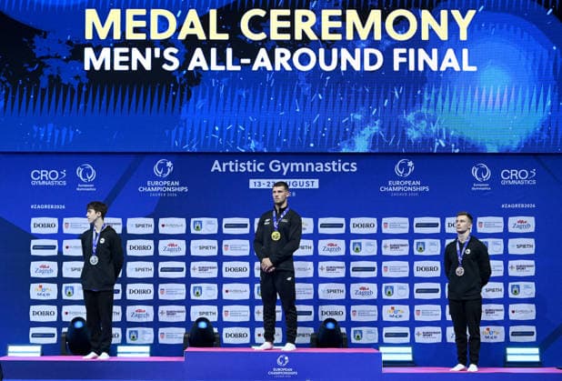 37th European Championships and 15th European Junior Championships in MenÂ s Artistic Gymnastics Silver medalist Arsenii Dukhno, gold medalist Illia Kovtun of Croatia, and bronze medalist Daniel Marinov pose during the medal ceremony for All-Around Final on day 1 of the 2026 Men s Artistic Gymnastics European Championships at Arena Zagreb on August 19, 2026 in Zagreb, Croatia.  MarkoxLukunic PIXSELL