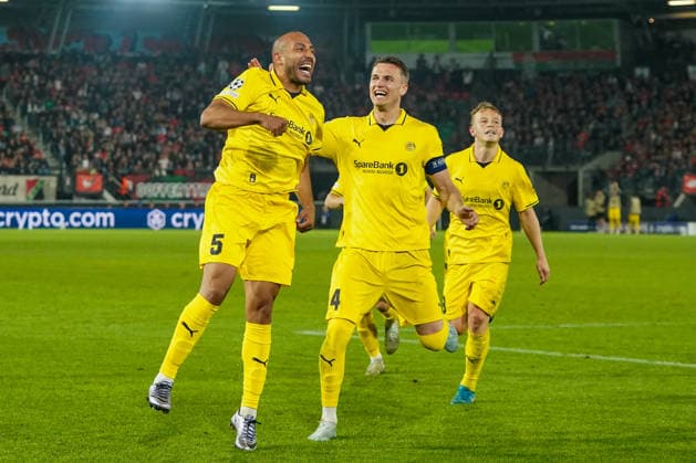 2026-08-19 NEC Nijmegen v Bodo Glimt - UEFA Champions League Play-offs - 1st leg NIJMEGEN, NETHERLANDS - AUGUST 19: Haitam Aleesami of FK Bodo Glimt, Odin Bjortuft of FK Bodo Glimt celebrating the goal during the UEFA Champions League Play-offs - 1st leg match between NEC Nijmegen and Bodo Glimt at Goffertstadion on August 19, 2026 in Nijmegen, Netherlands. Nijmegen Goffertstadion Netherlands Content not available for redistribution in The Netherlands directly or indirectly through any third parties. Copyright: xAndrexWeeningx