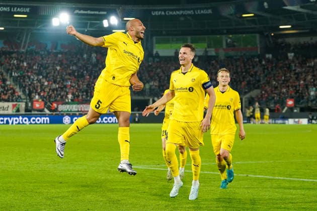 2026-08-19 NEC Nijmegen v Bodo Glimt - UEFA Champions League Play-offs - 1st leg NIJMEGEN, NETHERLANDS - AUGUST 19: Haitam Aleesami of FK Bodo Glimt, Odin Bjortuft of FK Bodo Glimt celebrating the goal during the UEFA Champions League Play-offs - 1st leg match between NEC Nijmegen and Bodo Glimt at Goffertstadion on August 19, 2026 in Nijmegen, Netherlands. Nijmegen Goffertstadion Netherlands Content not available for redistribution in The Netherlands directly or indirectly through any third parties. Copyright: xAndrexWeeningx