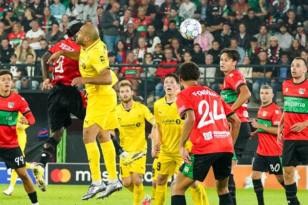 2026-08-19 NEC Nijmegen v Bodo Glimt - UEFA Champions League Play-offs - 1st leg NIJMEGEN, NETHERLANDS - AUGUST 19: Haitam Aleesami of FK Bodo Glimt scores with a header during the UEFA Champions League Play-offs - 1st leg match between NEC Nijmegen and Bodo Glimt at Goffertstadion on August 19, 2026 in Nijmegen, Netherlands. Nijmegen Goffertstadion Netherlands Content not available for redistribution in The Netherlands directly or indirectly through any third parties. Copyright: xAndrexWeeningx