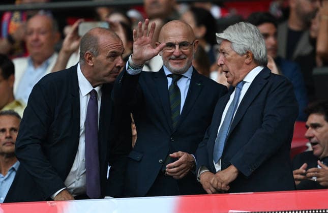 Atletico Madrid v Malaga - La Liga MADRID, SPAIN - AUGUST 19: Atletico Madrid Club President Enrique Cerezo (R) and Spain national team, Nationalteam Head Coach Luis de la Fuente (C) watch the La Liga match between Atletico Madrid and Malaga at Metropolitano Stadium in Madrid, Spain on August 19, 2026. Burak Akbulut Anadolu Madrid Spain. Editorial use only. Please get in touch for any other usage.  Copyright: x2026xAnadoluxBurakxAkbulutx