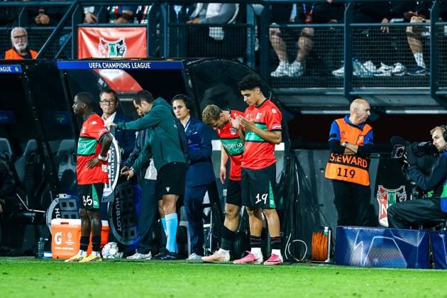 NIJMEGEN , 19-08-2026 , Stadium De Goffert , season 2026 2027 , UEFA Champions League play-offs 1st leg football , match between NEC Nijmegen and Bodo Glimt , picture shows NEC player Adam Tahaui NEC - Bodo Glimt  x205855553x Copyright: