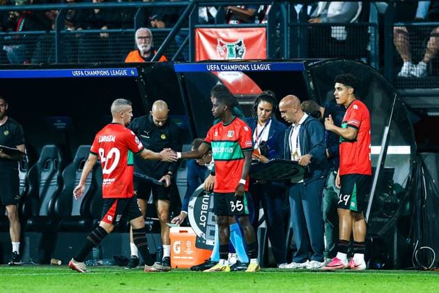 NIJMEGEN , 19-08-2026 , Stadium De Goffert , season 2026 2027 , UEFA Champions League play-offs 1st leg football , match between NEC Nijmegen and Bodo Glimt , picture shows player substitution of NEC player Bryan Linssen and NEC player Jamiro Montero NEC - Bodo Glimt  x205855620x Copyright:
