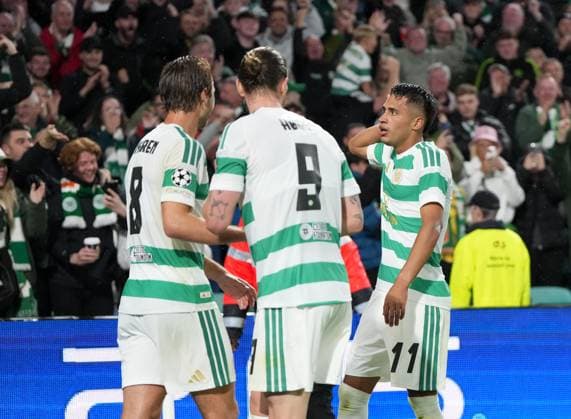 Camilo Duran of Celtic celebrates scoring his 2nd goal of the match to give Celtic a 3-0 lead. Celtic v LASK, UEFA Champions League, Play Off Round, First Leg, Football, Celtic Park, Glasgow, Scotland, UK - 19 Aug 2026Glasgow Celtic Park United Kingdom  Copyright: xStuartxWallace Shutterstockx 17104271cr
