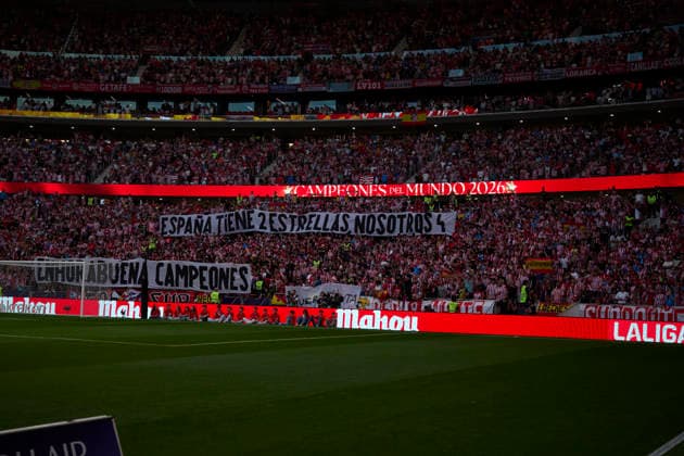 ESP: LaLiga EA Sports Atletico de Madrid v Malaga CF; tifo of spanish player national during LaLiga EA Sports between Atletico de Madrid v Malaga CF played at Riyadh Air Metropolitano Stadium in Madrid on August 19, 2026 in Spain Spain Futbol *** ESP LaLiga EA Sports Atlético de Madrid vs. Málaga CF: A tifo featuring Spanish national team players during the LaLiga EA Sports match between Atlético de Madrid and Málaga CF, played at the Riyadh Air Metropolitano Stadium in Madrid on August 19, 2026, in Spain. Spanish Soccer Copyright: xAgenciaxLOFx