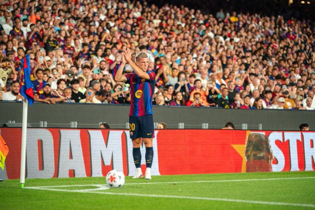 Joan Gamper Trophy between FC Barcelona, Barca and Al-Ahly in Barcelona, Spain. FC Barcelona player (20) Dani Olmo reacts during Joan Gamper trophy match between FC Barcelona and Al-Ahly in Spotify Camp Nou, Barcelona, Spain, on August 19, 2026. Barcelona Spotify Camp Nou Barcelona Spain