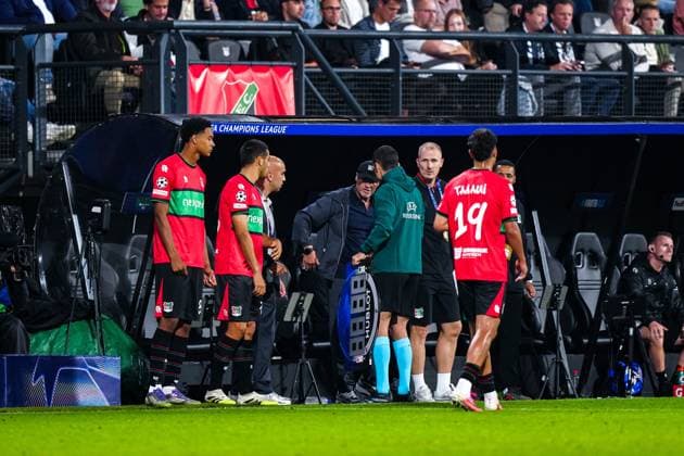 NIJMEGEN , 19-08-2026 , Stadium De Goffert , season 2026 2027 , UEFA Champions League play-offs 1st leg football , match between NEC Nijmegen and Bodo Glimt , picture shows NEC players NEC - Bodo Glimt  x205855693x Copyright: