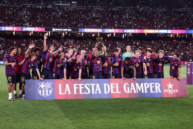 August 19, 2026, Barcelona, Barcelona, SPAIN: FC Barcelona, Barca players pose with the championship trophy after the Joan Gamper Trophy match between FC Barcelona and Al-Ahly FC at the Spotify Camp Nou stadium on 19 August 2026 in Barcelona, Spain. Barcelona SPAIN - ZUMAa181 20260819_zaa_a181_086 Copyright: xJavierxBorregox