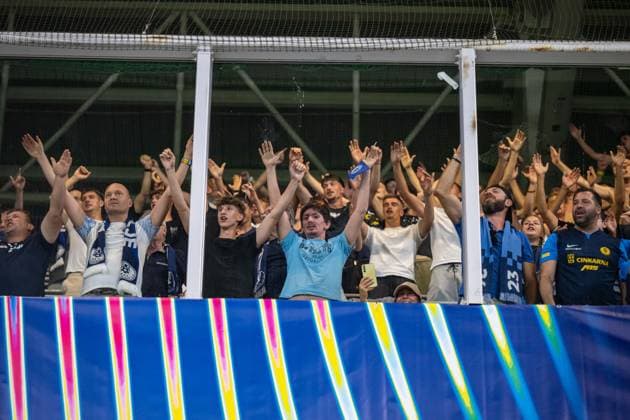 NK Celje fans during Champions League qualifying playoff match, SK Slovan Bratislava - NK Celje , 19. august 2026, Tehelne pole Stadium, Bratislava, Slovakia Copyright: xMICHALxFAJT,ZOSPORTU.SKx MAJ_8804
