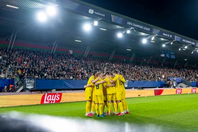 NIJMEGEN - spelers van FC Bodo Glimt vieren de goal 0-3 tijdens de UEFA Champions League wedstrijd tussen N.E.C. en FC Bodo Glimt in Gofferpark op 19 augustus 2026 in Nijmegen, Nederland. - *** FC Bodo Glimt players from Nijmegen celebrate the 0-3 goal during the UEFA Champions League match between NEC and FC Bodo Glimt at Gofferpark on August 19, 2026, in Nijmegen, the Netherlands