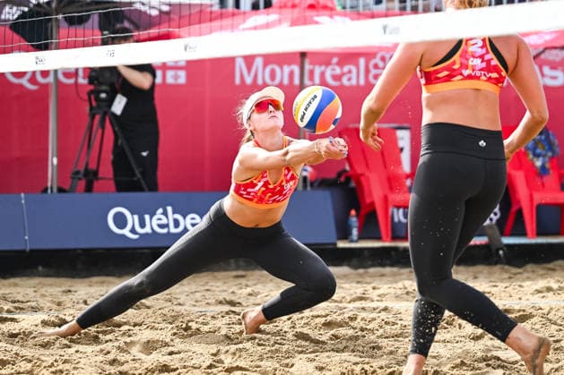 MONTREAL, QC - AUGUST 19: Molly McBain (CAN) bumps the ball during a qualification match at Beach Pro Tour Montreal Elite 16 on August 19, 2026 at Parc Jean-Drapeau in Montreal, QC (Photo by David Kirouac Icon Sportswire) VOLLEYBALL: AUG 19 Beach Pro Tour Montreal Elite 16 EDITORIAL USE ONLY Icon26081907526