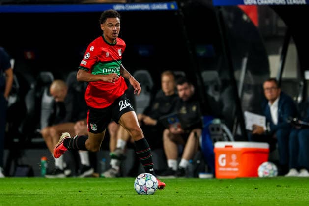NIJMEGEN, NETHERLANDS - AUGUST 19: Deveron Fonville of NEC Nijmegen dribbles with the ball during the UEFA Champions League 2026 27 play-offs first leg match between N.E.C. Nijmegen and FK Bodo Glimt at Goffertstadion on August 19, 2026 in Nijmegen, Netherlands.  Copyright: xRenexNijhuis MBxMediax